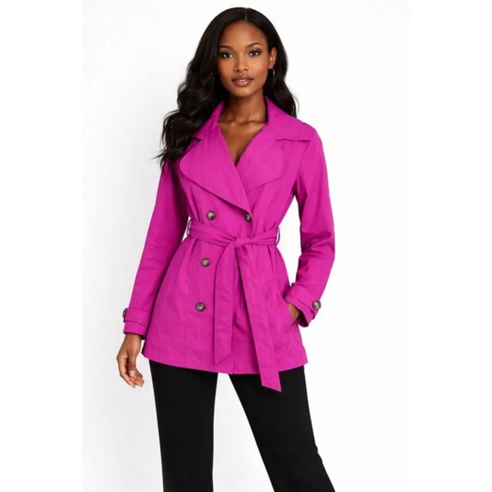 FOR CYNTHIA Womens‎ Double Breasted Belted Trench Coat Hot Pink Size L